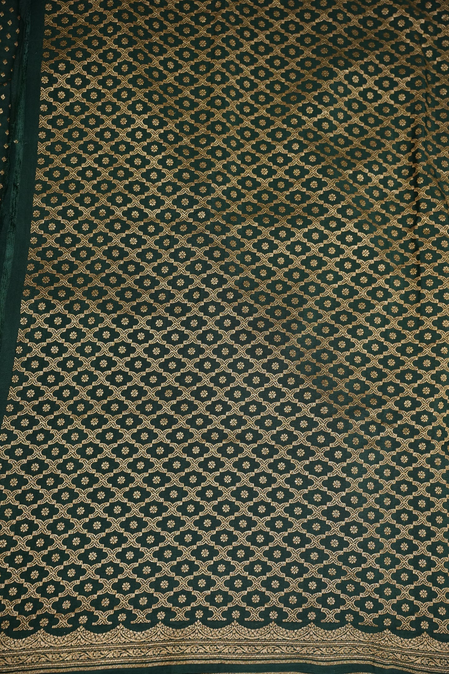 Emerald Green Pure Khaddi Georgette Crepe Banarasi Silk Saree