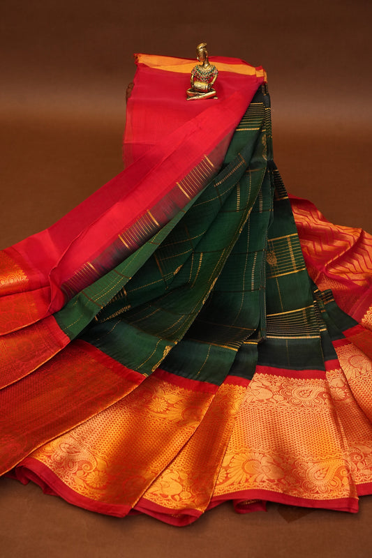 Pure Kuppadam Silk Cotton Saree - Bottle Green
