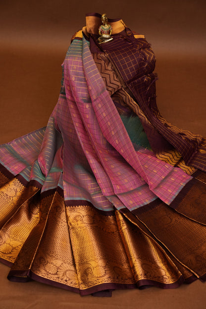 Pure Kuppadam Silk Cotton Saree - Steel Blue & Pink
