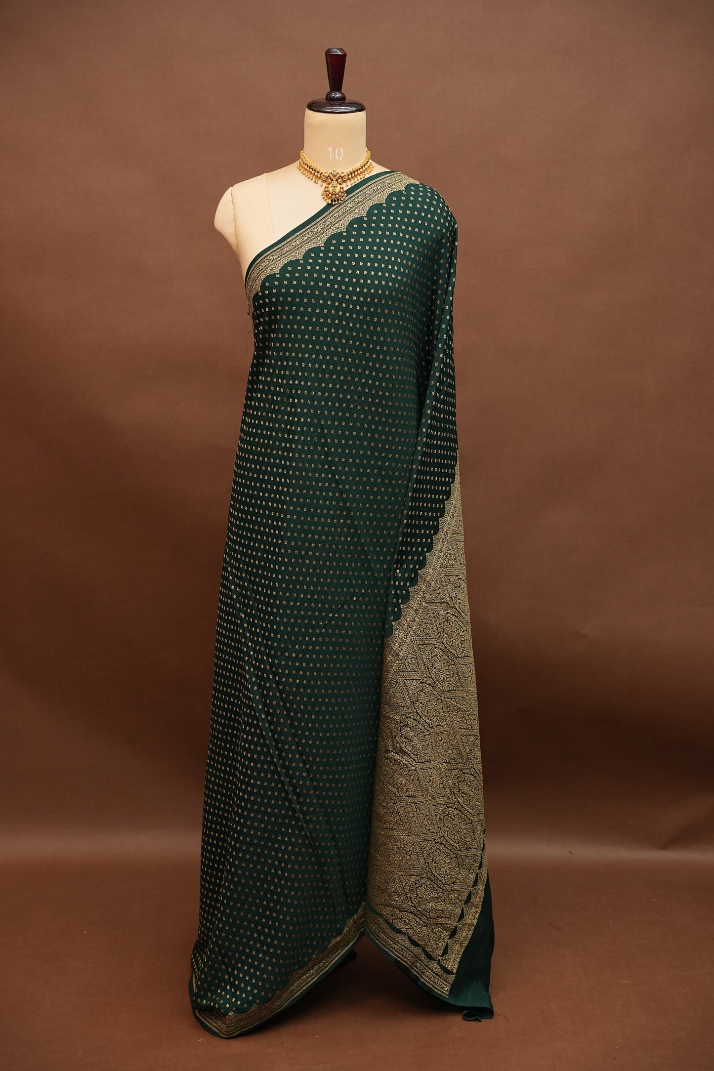 Emerald Green Pure Khaddi Georgette Crepe Banarasi Silk Saree