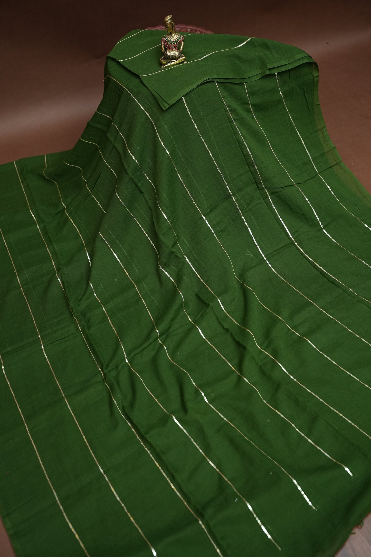 Mulmul Cotton Saree with Tassels - Bottle Green