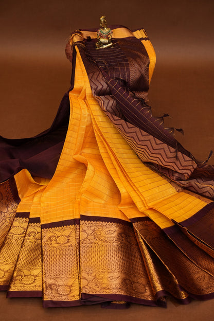 Pure Kuppadam Silk Cotton Saree - Gold Beige with Coffee