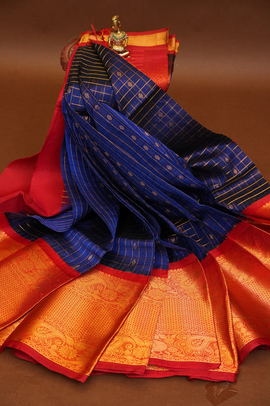 Pure Kuppadam Silk Cotton Saree - Royal Blue & Red