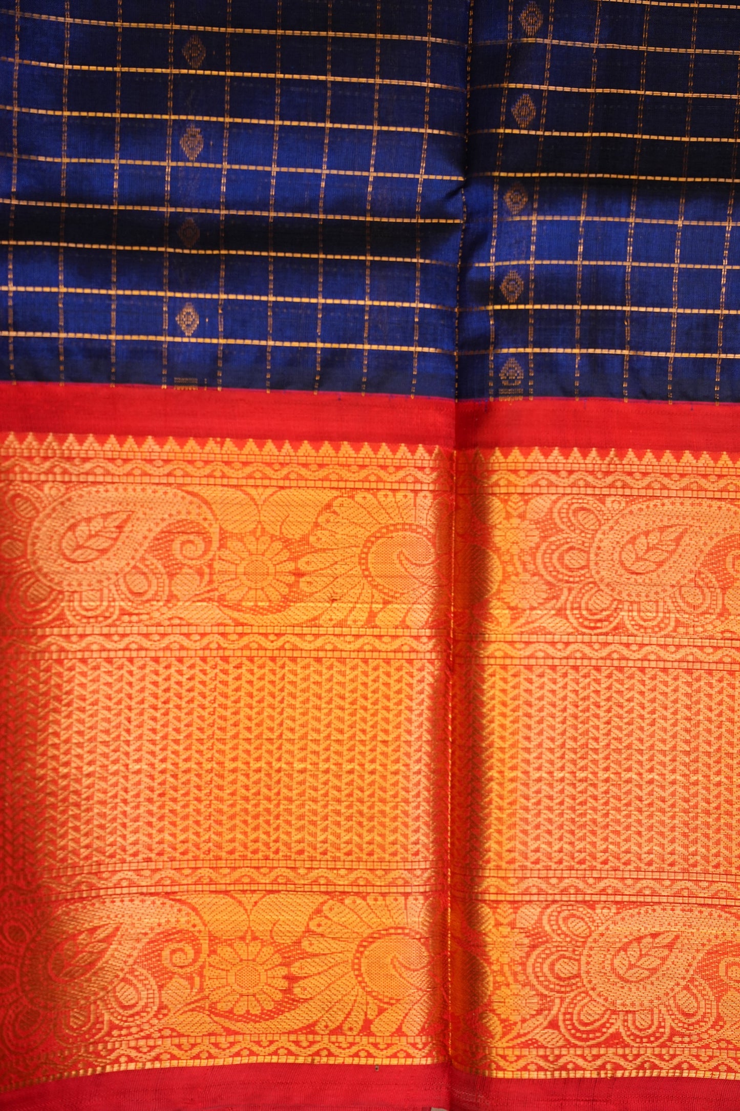 Pure Kuppadam Silk Cotton Saree - Royal Blue & Red