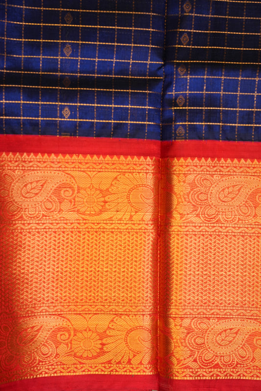 Pure Kuppadam Silk Cotton Saree - Royal Blue & Red