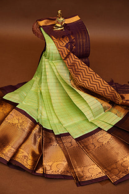 Pure Kuppadam Silk Cotton Saree - Pistachio Green & Coffee