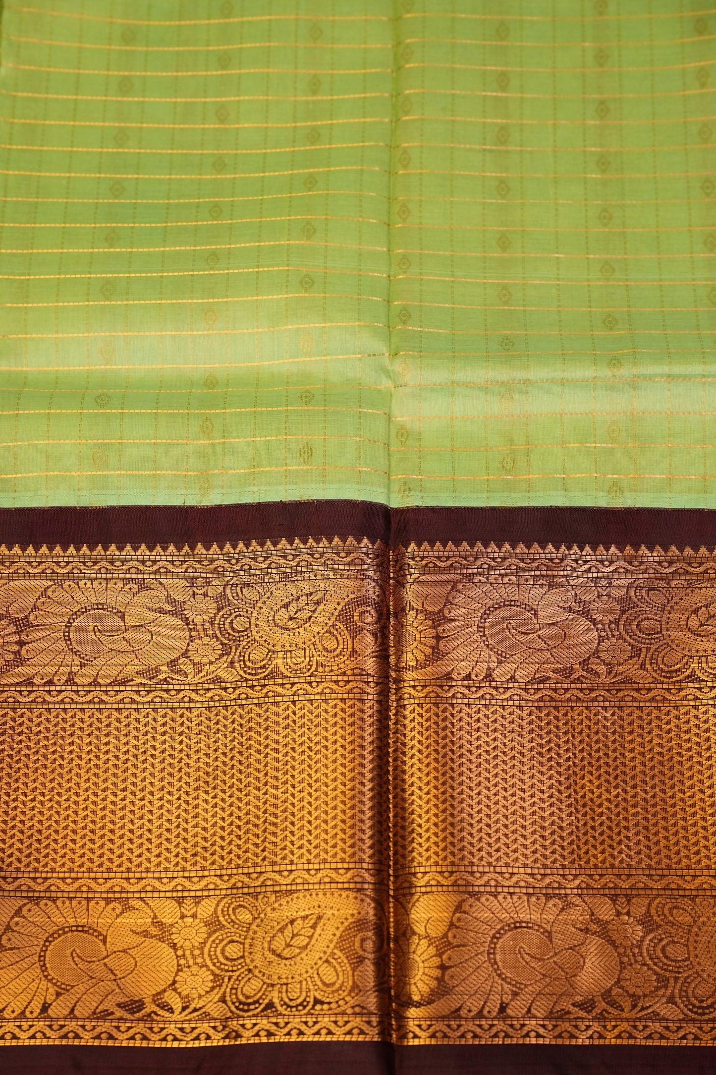 Pure Kuppadam Silk Cotton Saree - Pistachio Green & Coffee