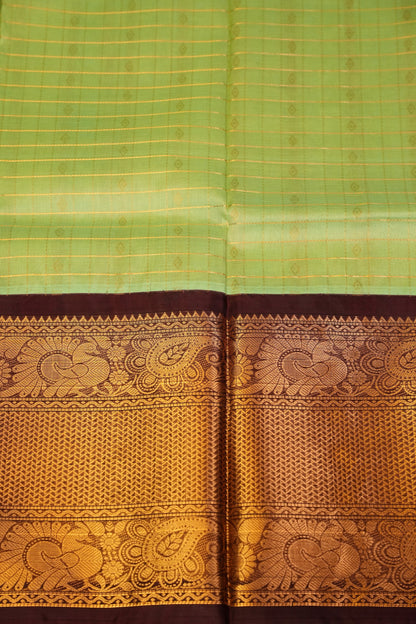 Pure Kuppadam Silk Cotton Saree - Pistachio Green & Coffee