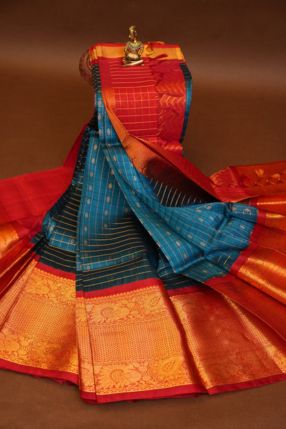Pure Kuppadam Silk Cotton Saree - Teal Blue & Red