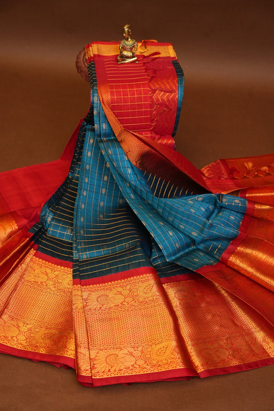 Pure Kuppadam Silk Cotton Saree - Teal Blue & Red