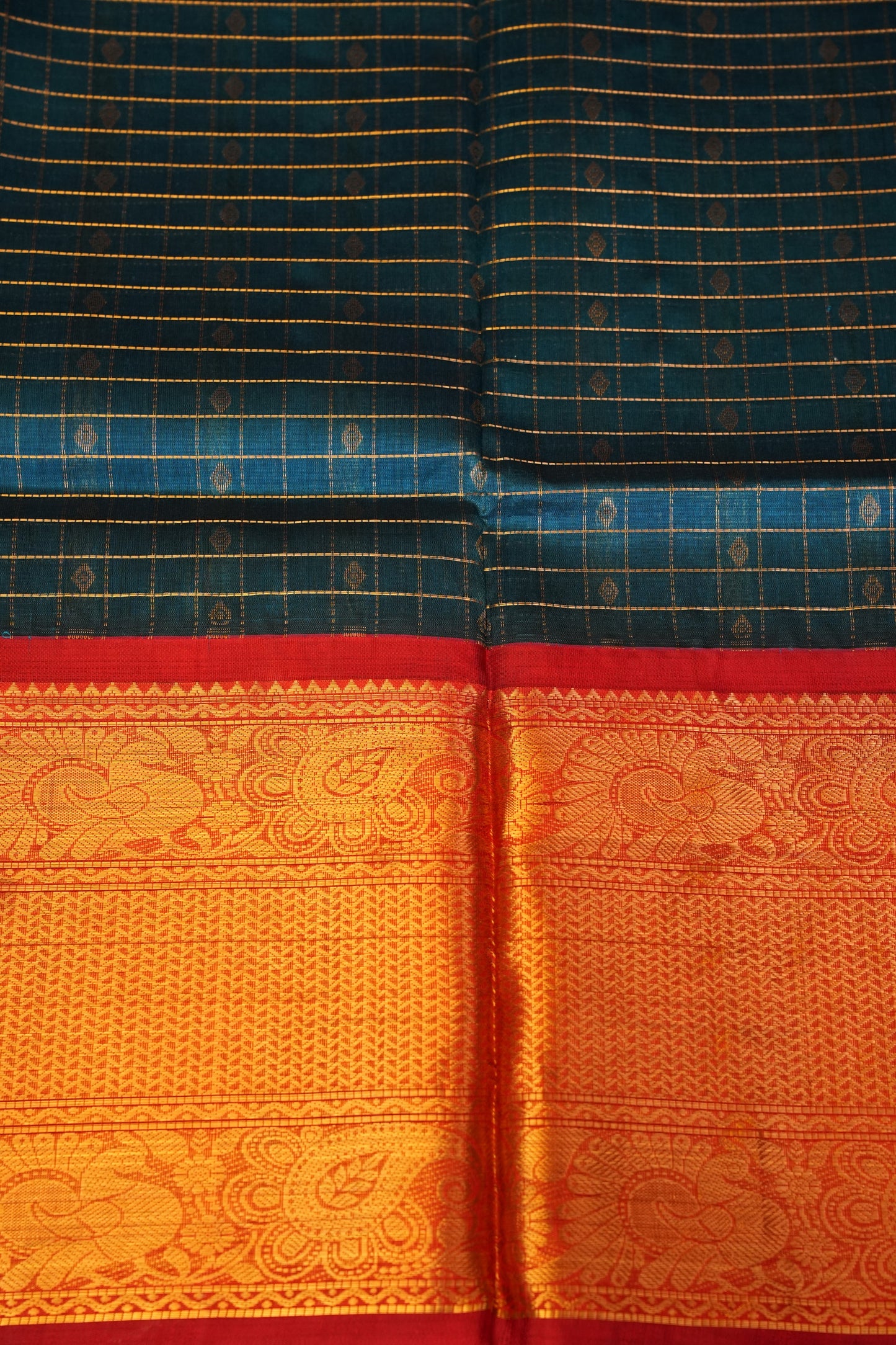 Pure Kuppadam Silk Cotton Saree - Teal Blue & Red