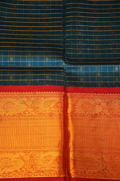 Pure Kuppadam Silk Cotton Saree - Teal Blue & Red