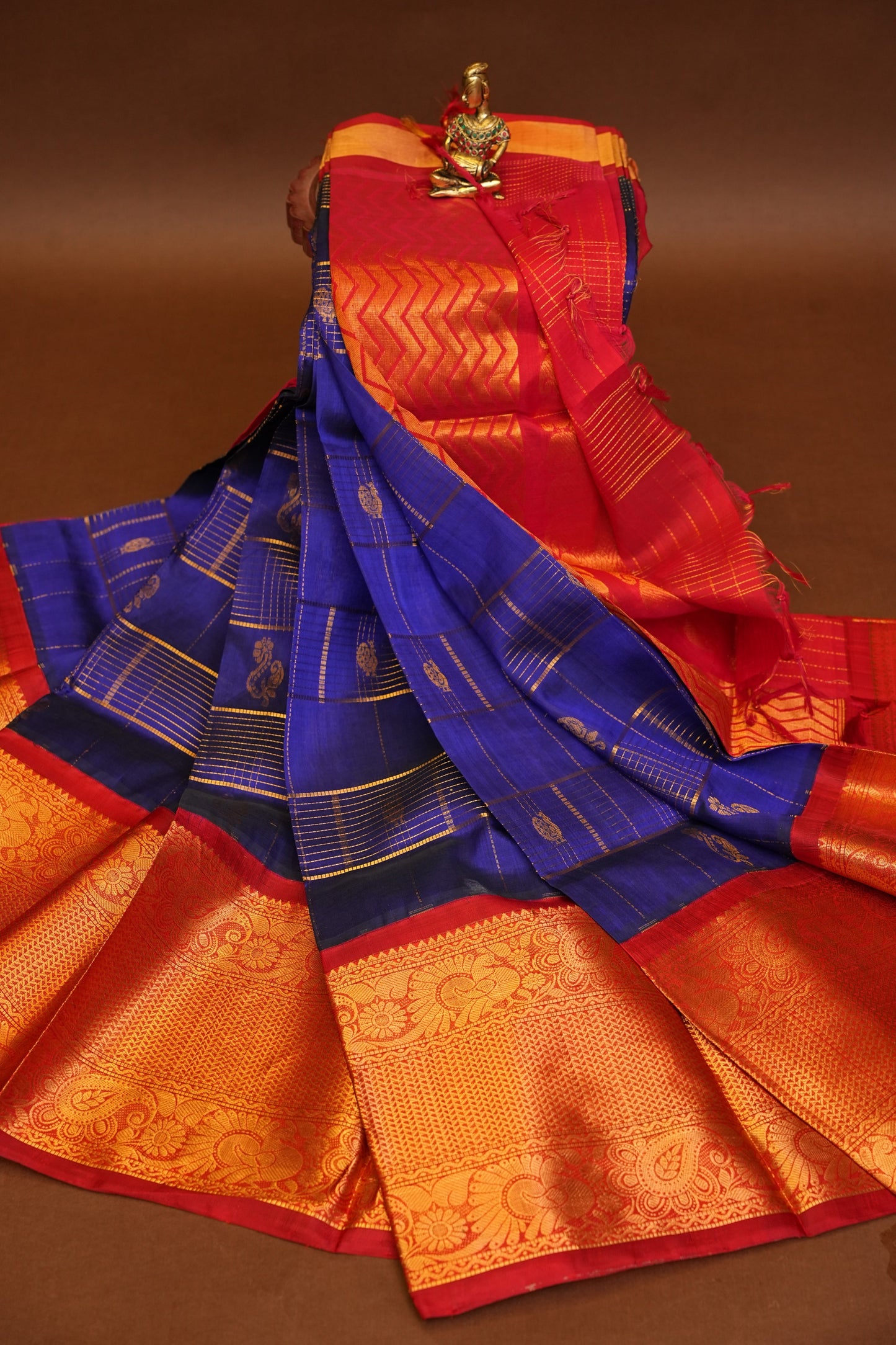 Pure Kuppadam Silk Cotton Saree - Royal Blue and Red