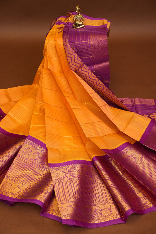 Pure Kuppadam Silk Cotton Saree - Light Orange with Purple