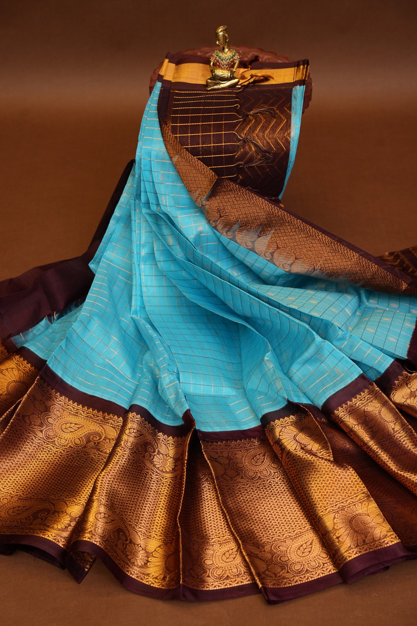 Pure Kuppadam Silk Cotton Saree - Soft Turquoise with Coffee