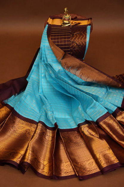Pure Kuppadam Silk Cotton Saree - Soft Turquoise with Coffee