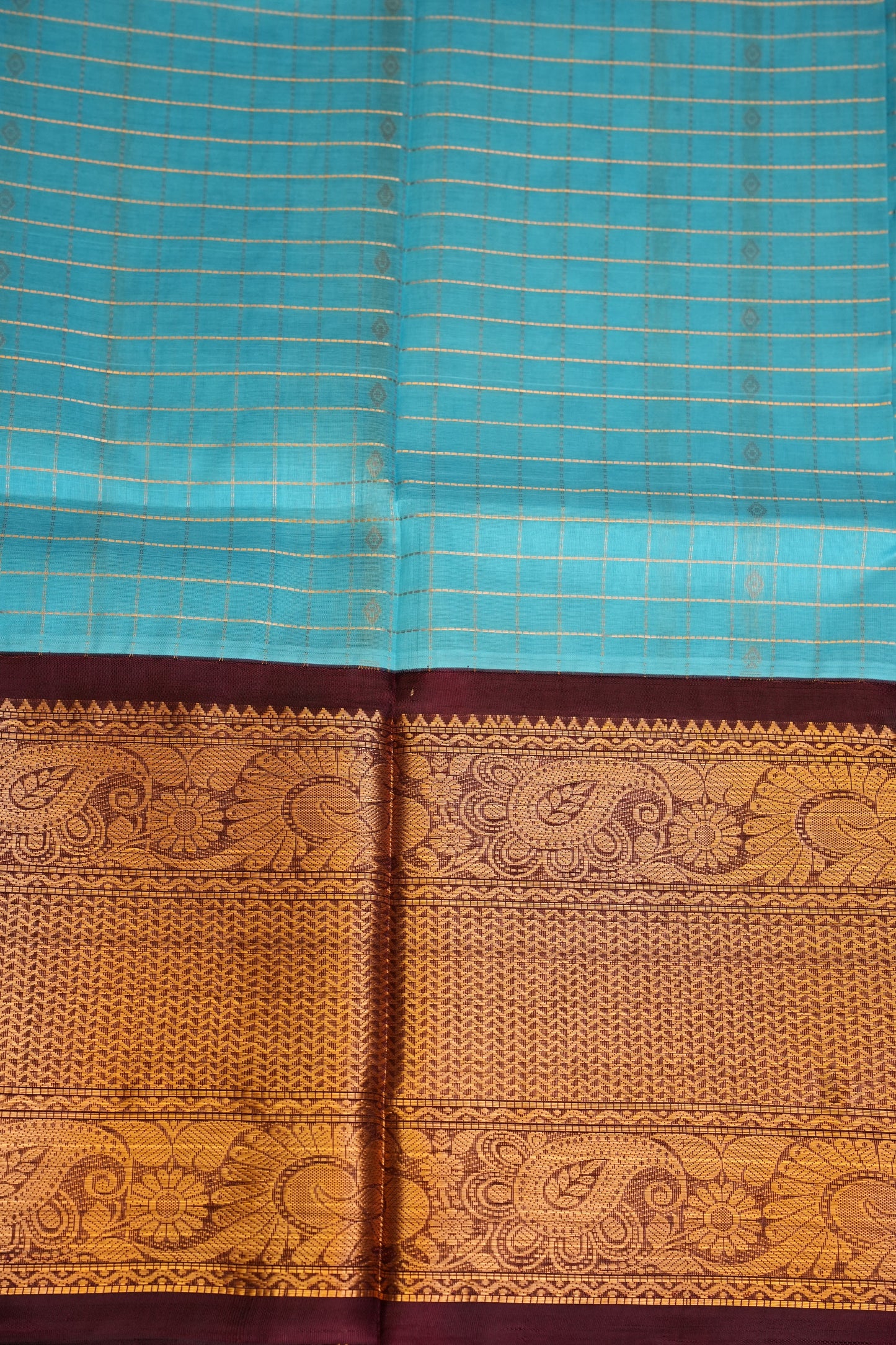 Pure Kuppadam Silk Cotton Saree - Soft Turquoise with Coffee
