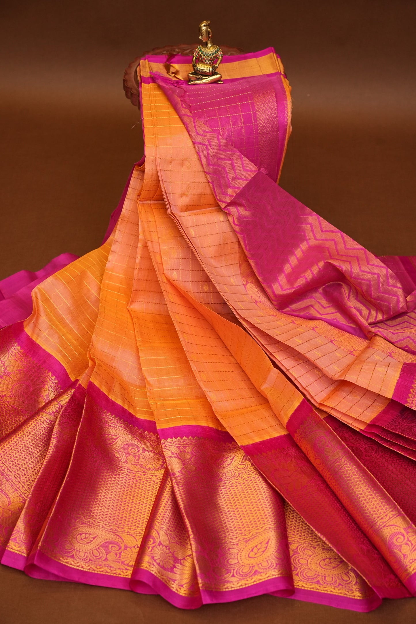 Pure Kuppadam Silk Cotton Saree - Light Orange with Pink