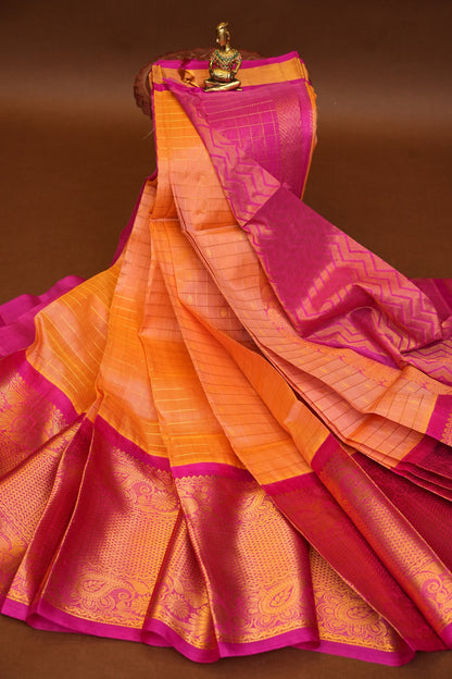 Pure Kuppadam Silk Cotton Saree - Light Orange with Pink