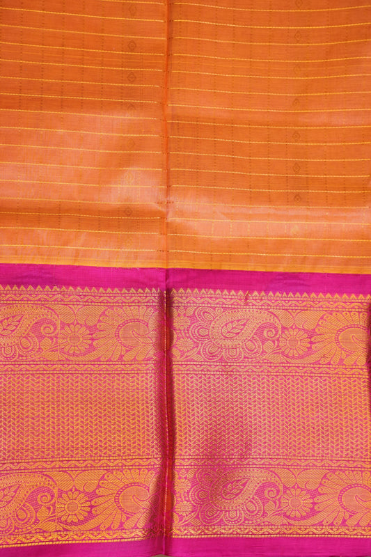 Pure Kuppadam Silk Cotton Saree - Light Orange with Pink
