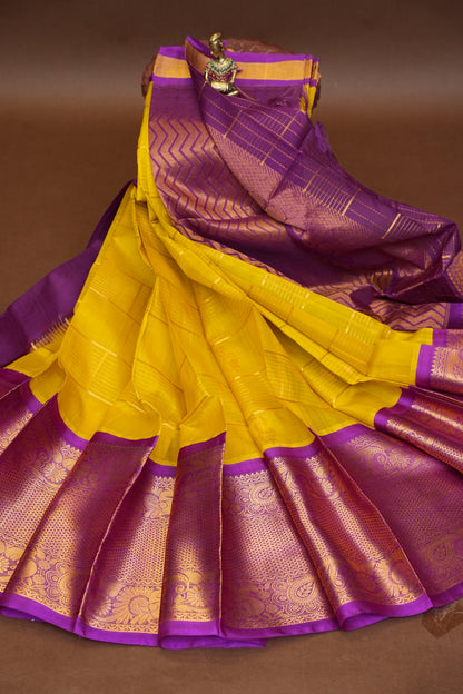 Pure Kuppadam Silk Cotton Saree - Yellow & Purple