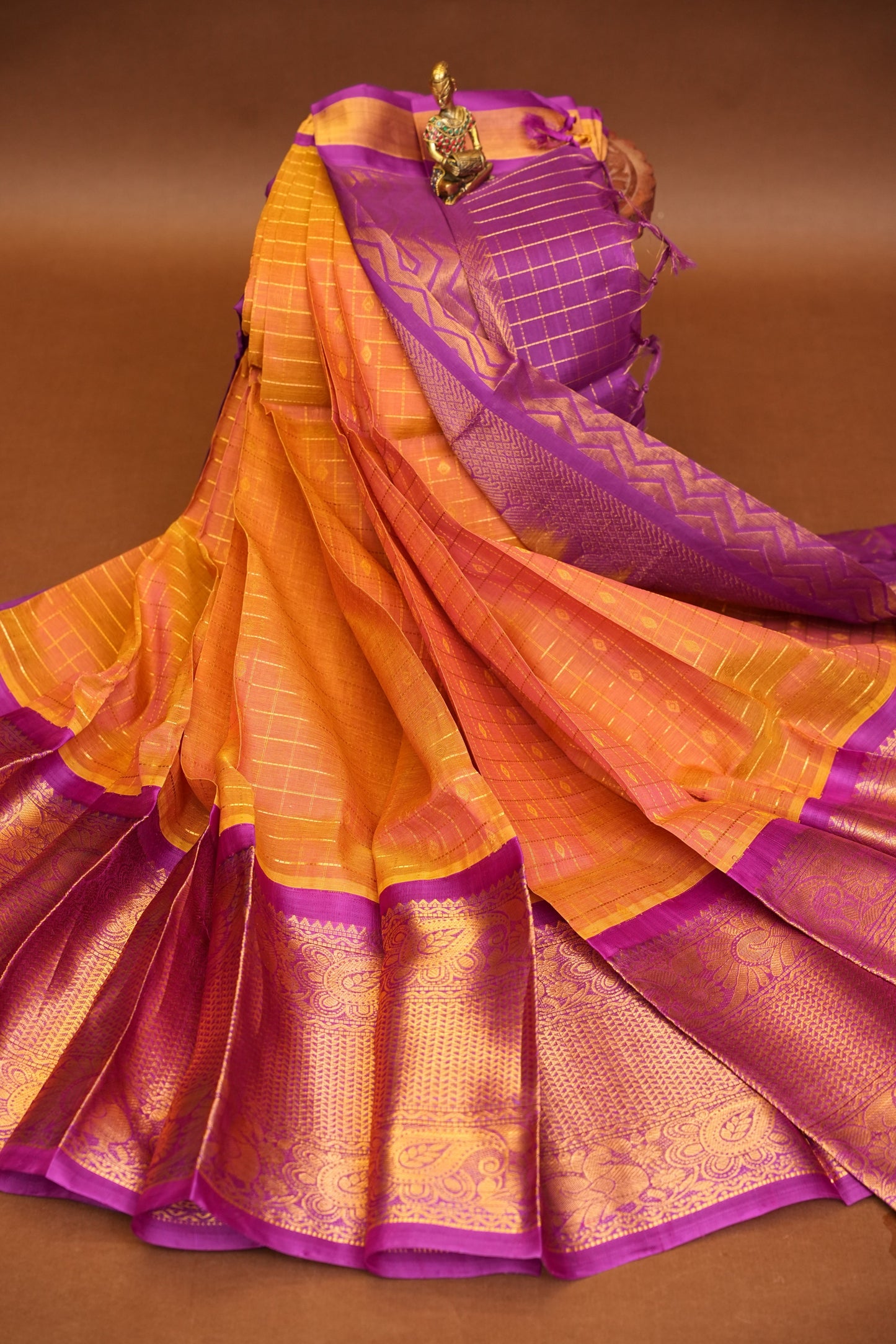Pure Kuppadam Silk Cotton Saree - Light Orange & Pink
