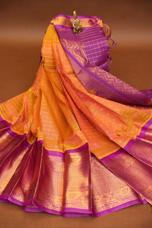 Pure Kuppadam Silk Cotton Saree - Light Orange & Pink