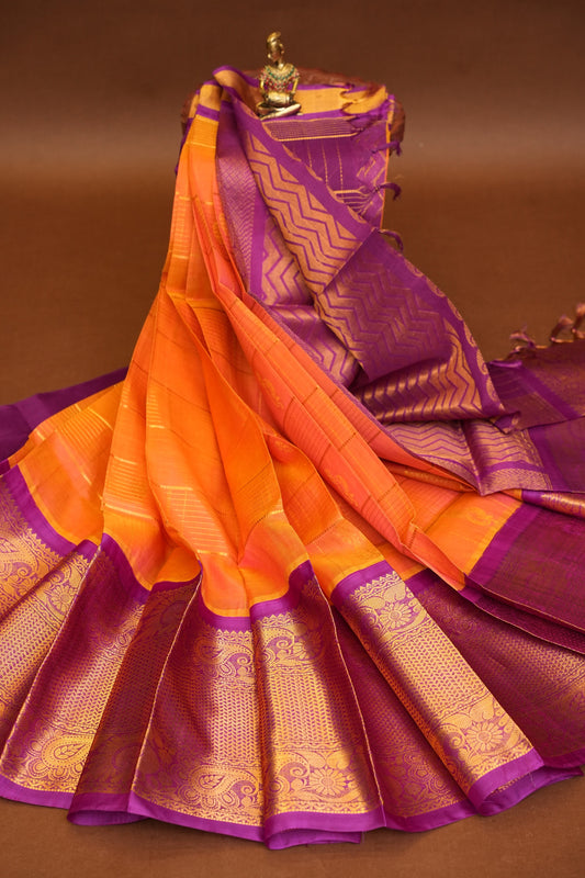 Pure Kuppadam Silk Cotton Saree - Light Orange with Purple