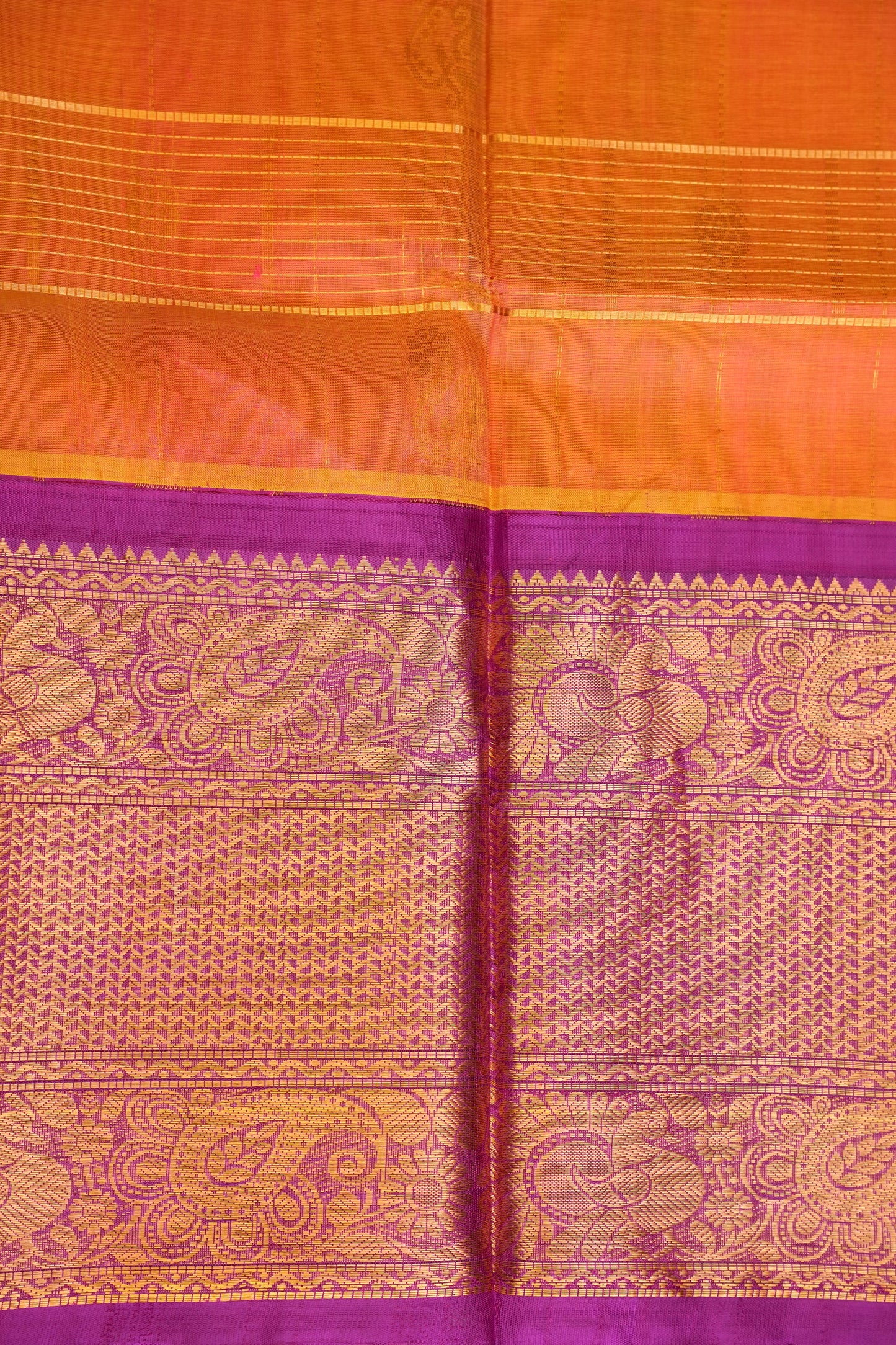 Pure Kuppadam Silk Cotton Saree - Light Orange with Purple