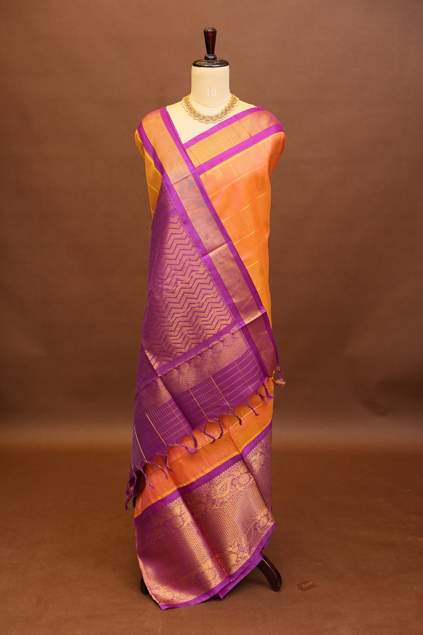 Pure Kuppadam Silk Cotton Saree - Light Orange with Purple