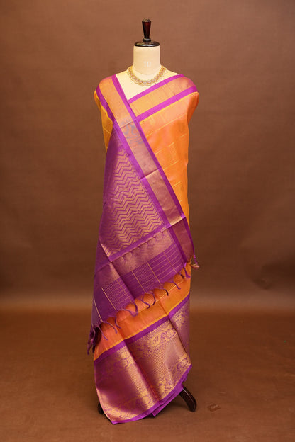 Pure Kuppadam Silk Cotton Saree - Light Orange with Purple