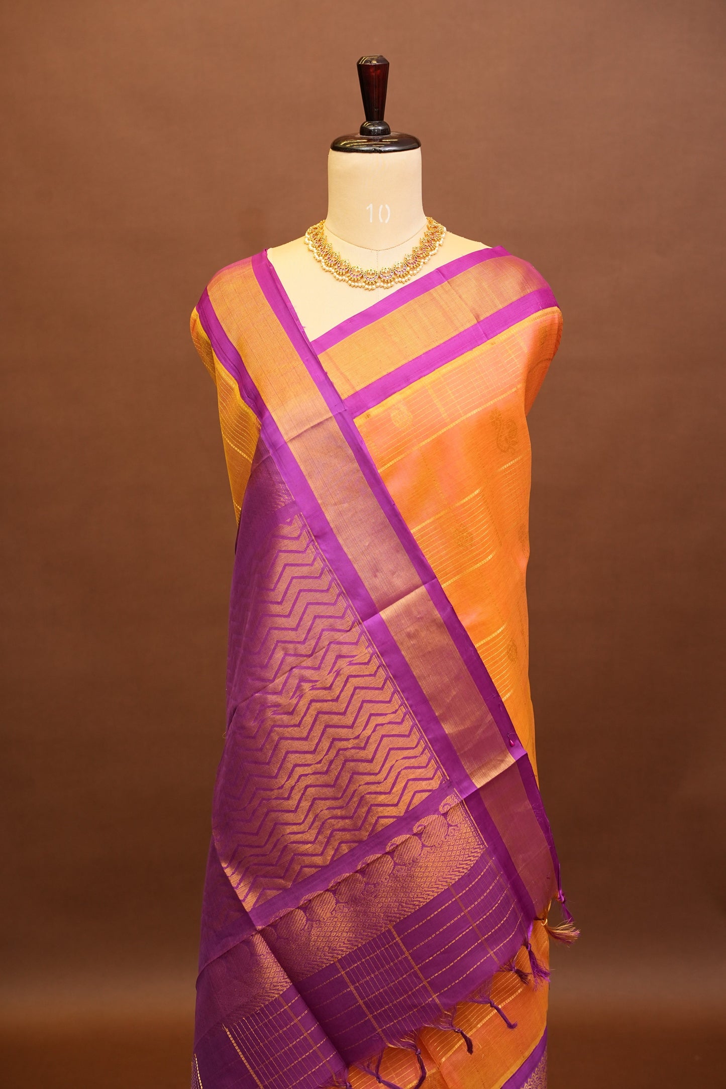 Pure Kuppadam Silk Cotton Saree - Light Orange with Purple
