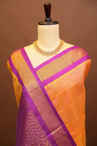 Pure Kuppadam Silk Cotton Saree - Light Orange with Purple
