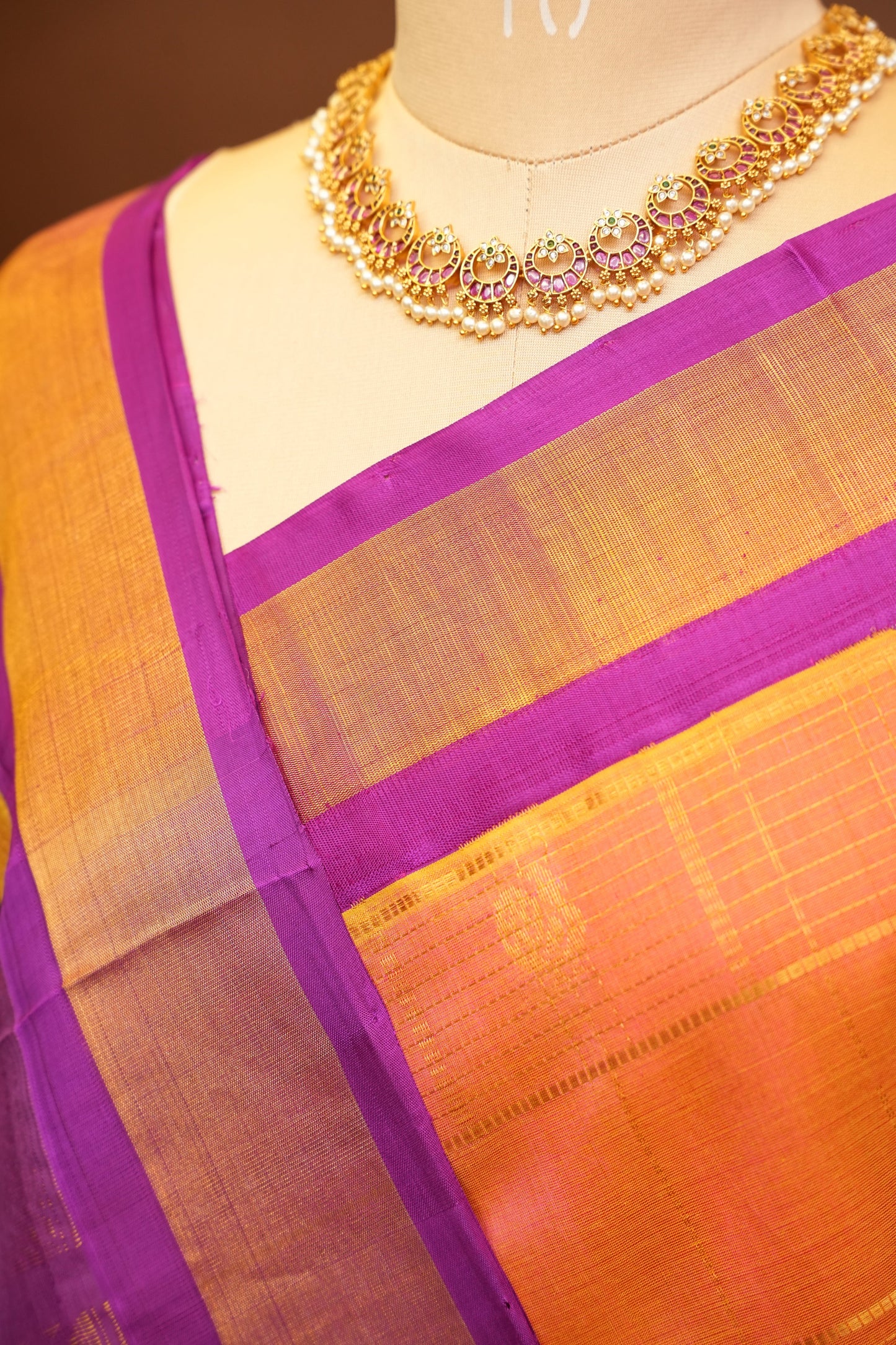 Pure Kuppadam Silk Cotton Saree - Light Orange with Purple