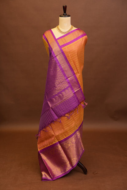 Pure Kuppadam Silk Cotton Saree - Light Orange & Pink