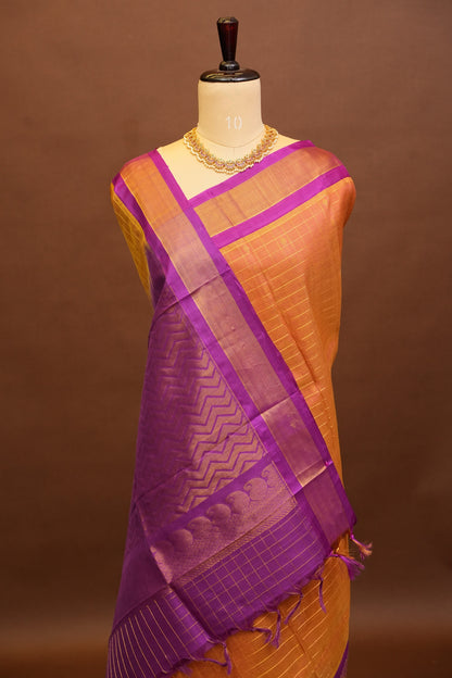 Pure Kuppadam Silk Cotton Saree - Light Orange & Pink