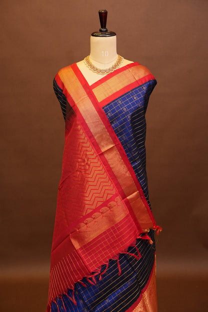 Pure Kuppadam Silk Cotton Saree - Royal Blue & Red
