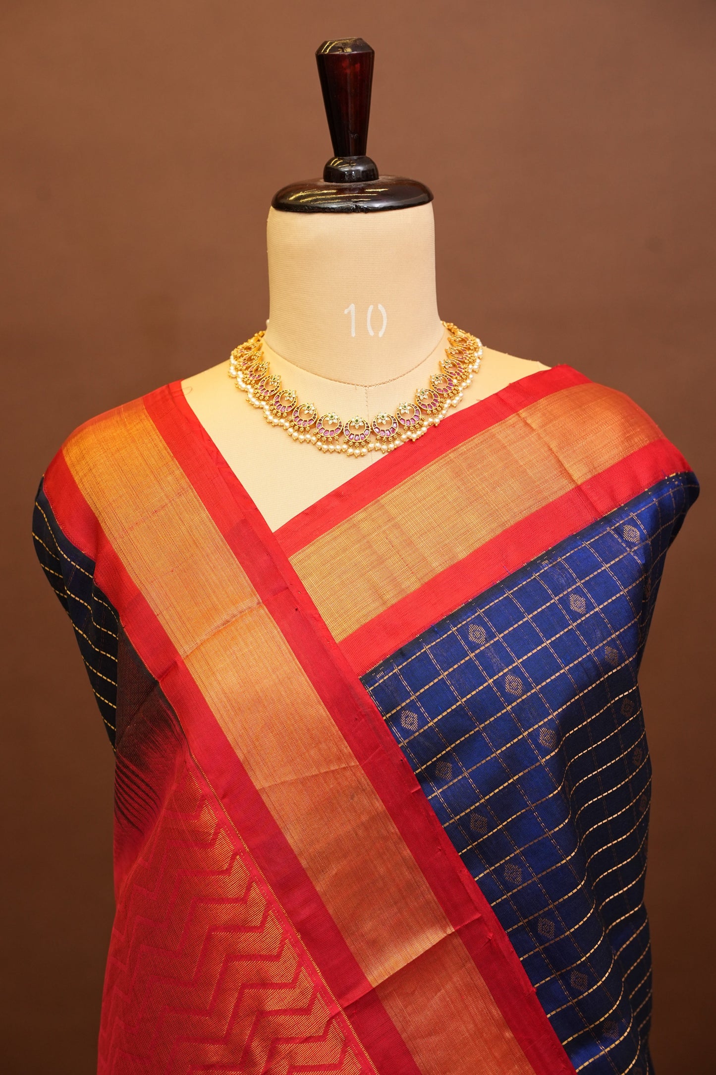 Pure Kuppadam Silk Cotton Saree - Royal Blue & Red