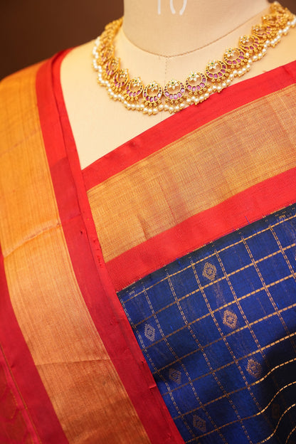 Pure Kuppadam Silk Cotton Saree - Royal Blue & Red