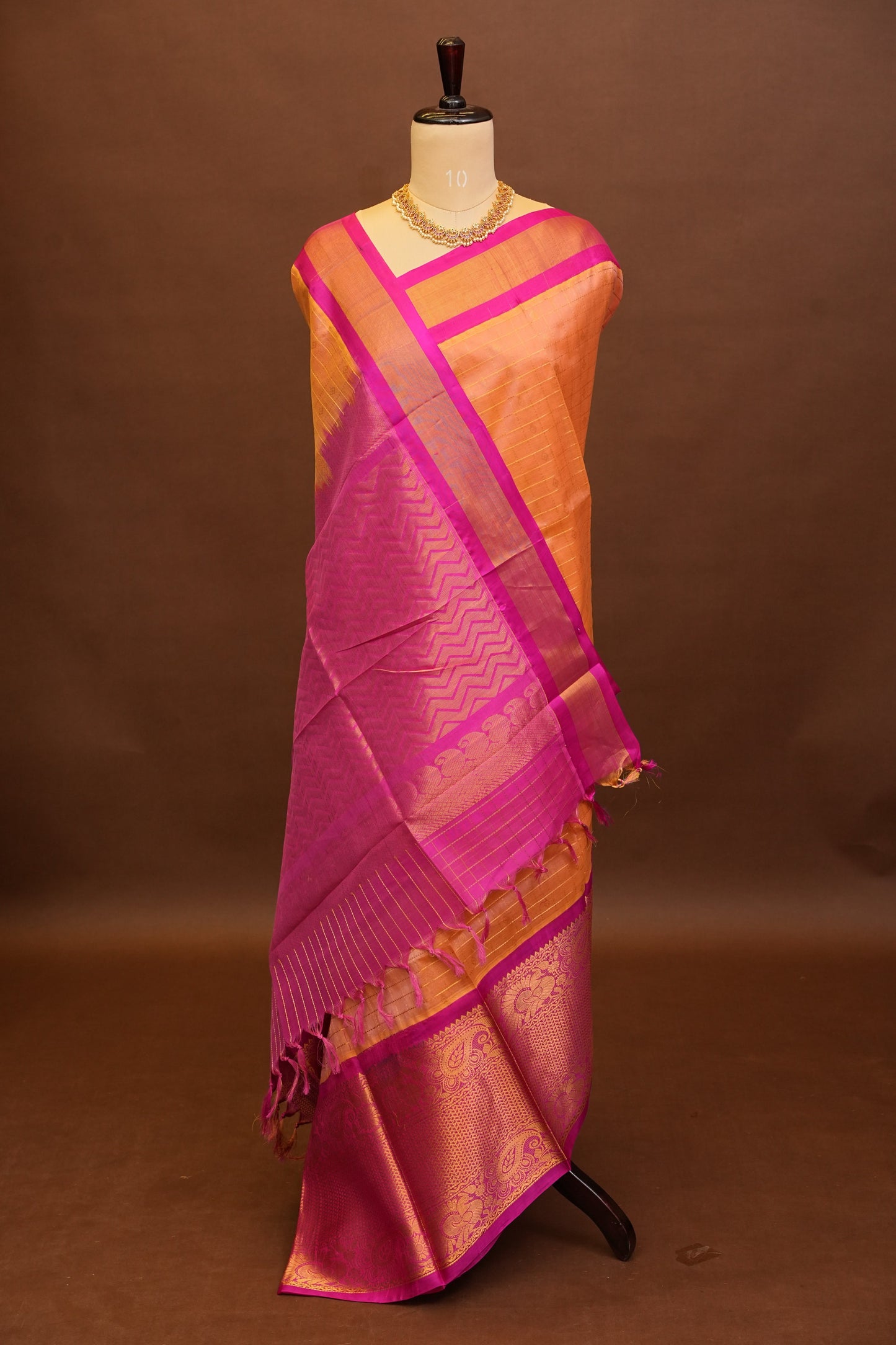 Pure Kuppadam Silk Cotton Saree - Light Orange with Pink