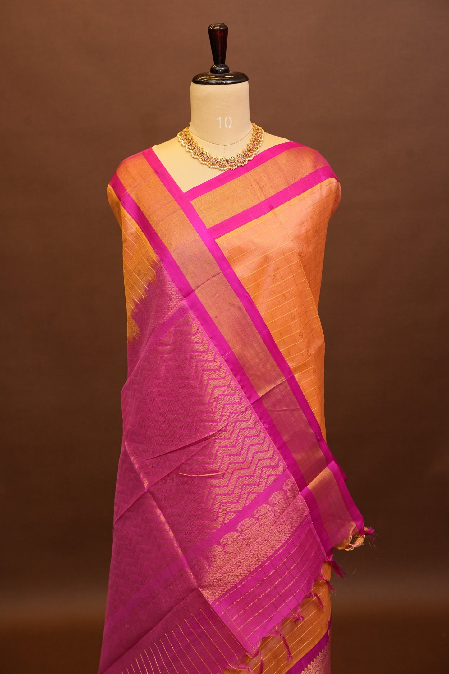 Pure Kuppadam Silk Cotton Saree - Light Orange with Pink