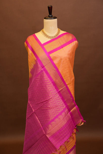 Pure Kuppadam Silk Cotton Saree - Light Orange with Pink