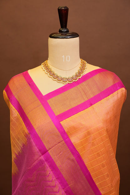 Pure Kuppadam Silk Cotton Saree - Light Orange with Pink