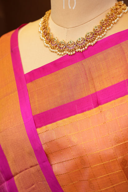 Pure Kuppadam Silk Cotton Saree - Light Orange with Pink