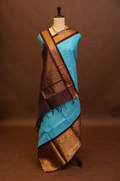 Pure Kuppadam Silk Cotton Saree - Soft Turquoise with Coffee
