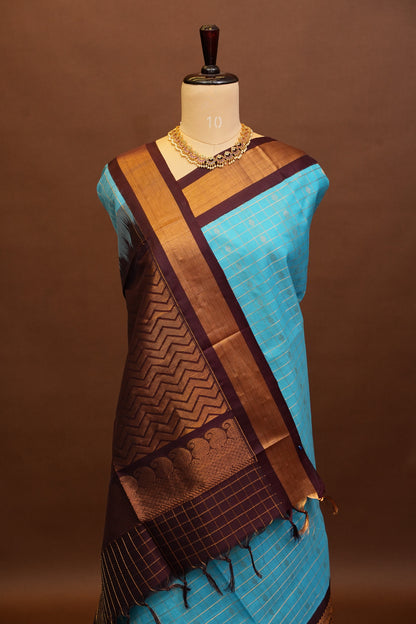 Pure Kuppadam Silk Cotton Saree - Soft Turquoise with Coffee