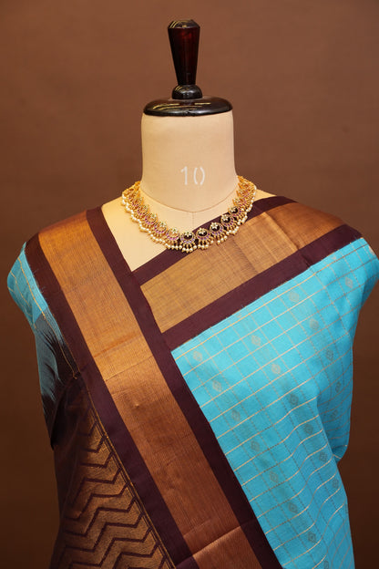 Pure Kuppadam Silk Cotton Saree - Soft Turquoise with Coffee