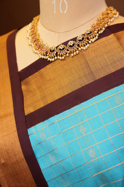 Pure Kuppadam Silk Cotton Saree - Soft Turquoise with Coffee