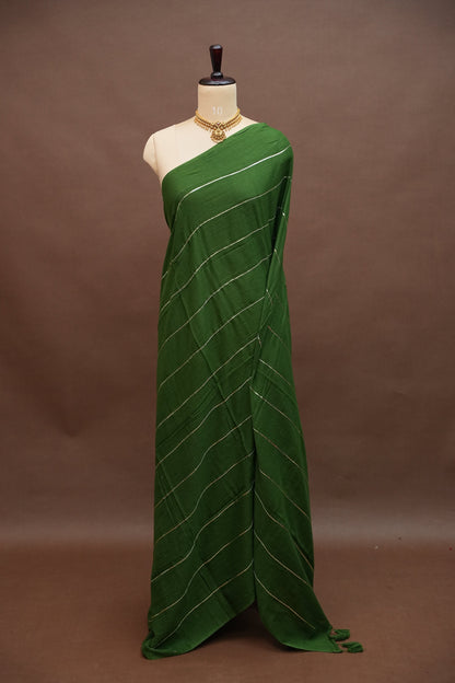 Mulmul Cotton Saree with Tassels - Bottle Green