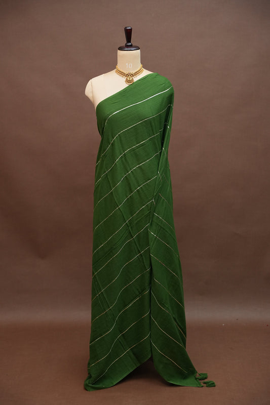 Mulmul Cotton Saree with Tassels - Bottle Green